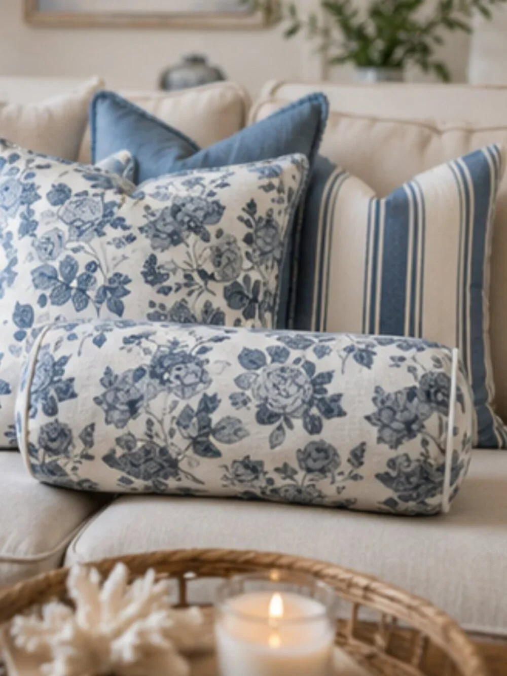 My Texas House Blue Floral Bolster Pillow 16